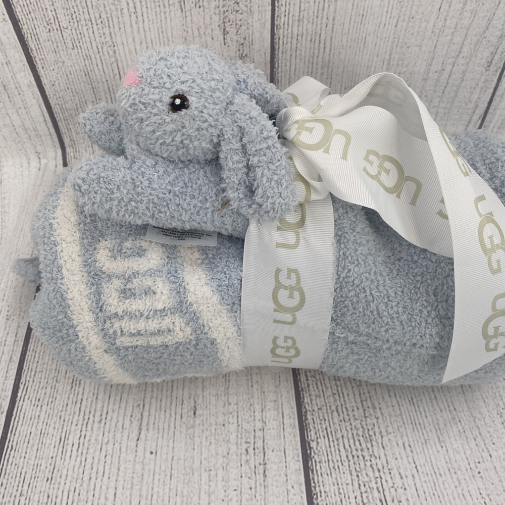 Ugg Bunny Rattle Baby Blanket (30x40) Gift Set Sky Blue Plush Soft Michelle